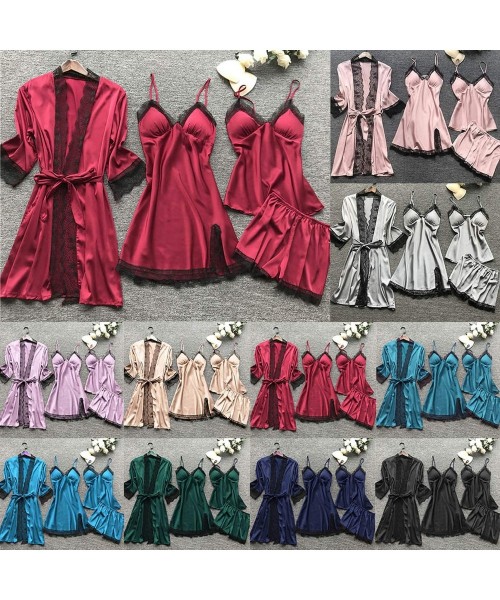 Sets Women Pajamas Sets Satin Sleepwear Silk 4 Pieces Nightwear Pyjama Spaghetti Strap Lace Sleep Lounge Pijama - 8 - CK1908C...