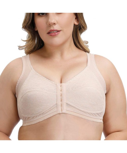 Bras Women Plus Size Lingerie Gathered Adjustable Bra Lace Wire Free Bra Underwear - Khaki - C018AGQ0XCU
