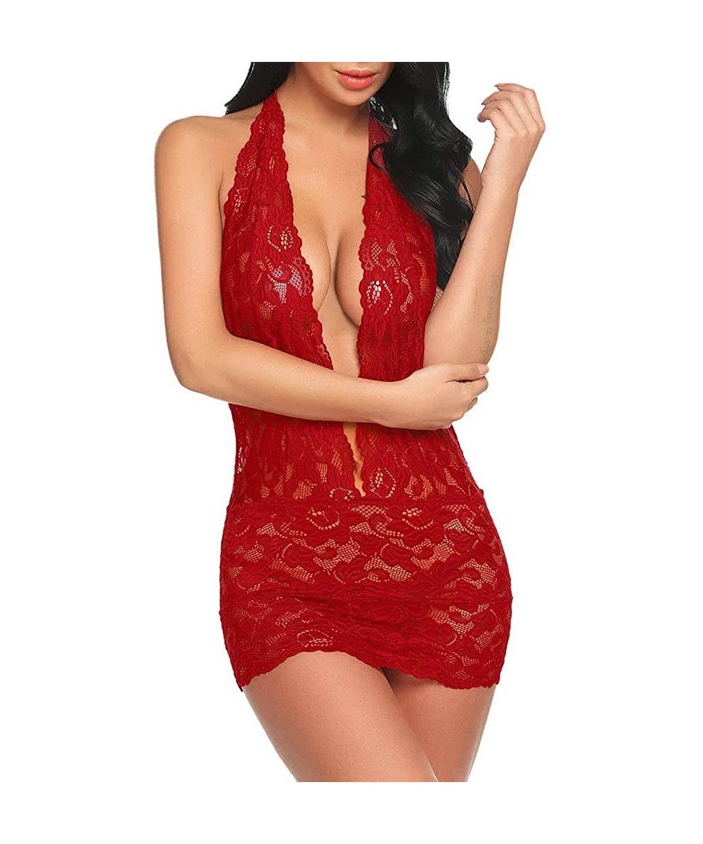 Baby Dolls & Chemises Sexy Lingerie for Women-Womens Lace Teddy Lingerie Sexy Deep V Halter Backless One Piece Bodysuit Mini ...