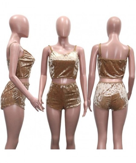 Sets 2 Piece Pajamas for Women - Sexy Velvet Short Sets Spaghetti Strap Crop Top + Shorts Set - Solid-gold - CL198CYKOU0