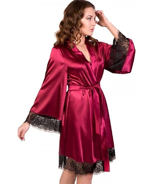 Robes Women's Robe Sexy Lingerie Kimonos Long Sleeve Lace Satin Robes Bathrobe Bridesmaids Nightdress Sleepwear - Wine - C219...
