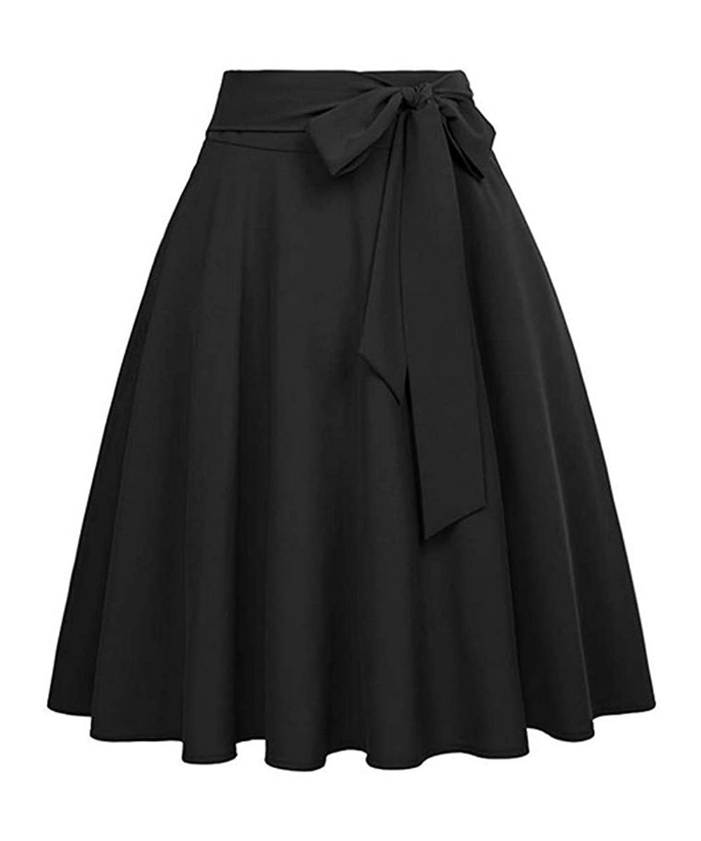 Baby Dolls & Chemises Fashion Ladys Womens High Waist A-Line Skirt Bandage Flared Midi Skirt - Black - CI197HTH3QO