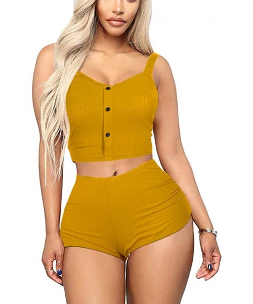Sets Sexy Pajamas for Women - Two Piece Outfits Shorts + Crop Top Sleepwear Pjs Set - Mustard Yellow - C6190MZUC7Q