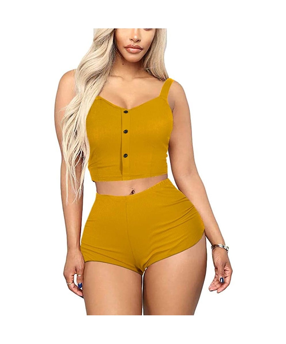 Sets Sexy Pajamas for Women - Two Piece Outfits Shorts + Crop Top Sleepwear Pjs Set - Mustard Yellow - C6190MZUC7Q