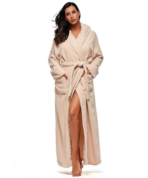 Robes Womens Winter Warm Fleece Bathrobe with Hood 2 Side Pockets - White - CQ18I8E55AQ