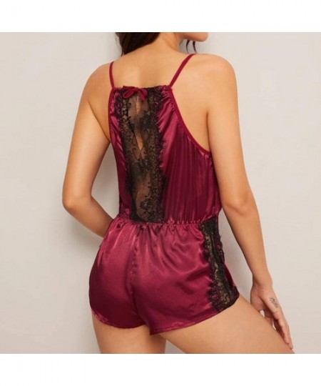 Slips Womens Satin Pajamas V Neck Wrap Lace Backless Babydoll Bodysuit Jumpsuit Lingerie Nightgown - Red - CT196EXNMGY