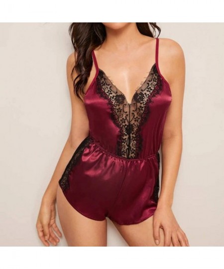 Slips Womens Satin Pajamas V Neck Wrap Lace Backless Babydoll Bodysuit Jumpsuit Lingerie Nightgown - Red - CT196EXNMGY