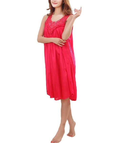 Nightgowns & Sleepshirts Women's Sleeveless Silk Pajama Plus Size Nightie Sleepwear Nightgown - Red - C918U3O7I3W