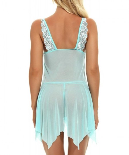 Baby Dolls & Chemises Womens Lingerie Lace Sexy Sleepwear Babydoll V-Neck Open Front Strap Chemise Nightgown - Light Blue - C...