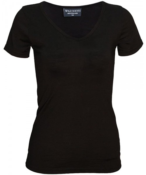 Thermal Underwear Womens Merino T Shirt - Short Sleeve Vee Neck Merino Wool Baselayer - 150 Lightweight Thermal - Black - C31...