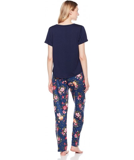 Sets Women's Sleepwear Knit V-Neck Short-Sleeve Tee T-Shirt&Pant Pajama Set - Navy Solid/Navy Floral - CE18036CSSR