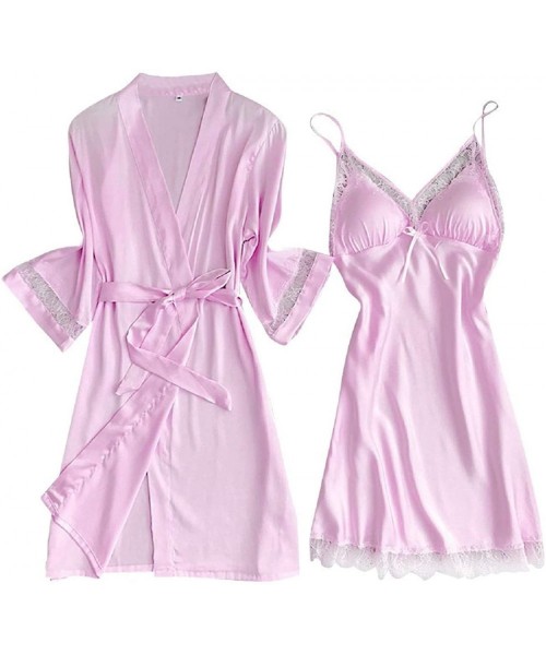 Baby Dolls & Chemises Women 2 PC Solid Silk Feeling Open Front Lingerie Pajamas Plus Size Long Sleeve Lace Trim Belt Nightdre...