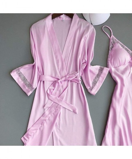 Baby Dolls & Chemises Women 2 PC Solid Silk Feeling Open Front Lingerie Pajamas Plus Size Long Sleeve Lace Trim Belt Nightdre...