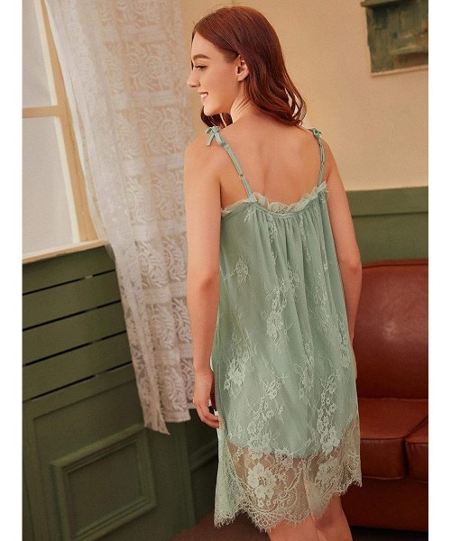 Nightgowns & Sleepshirts Women's Eyelash Floral Print Lace Sleepwear Nightgown Cami Dress - Mint Green - CM19DYQG8QY