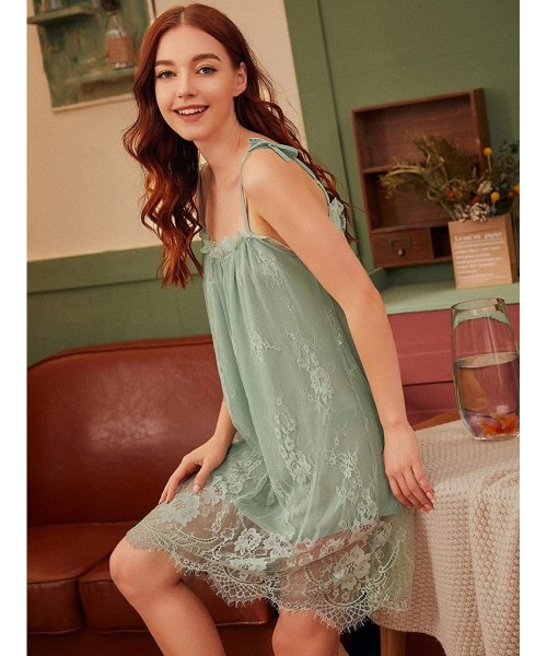Nightgowns & Sleepshirts Women's Eyelash Floral Print Lace Sleepwear Nightgown Cami Dress - Mint Green - CM19DYQG8QY