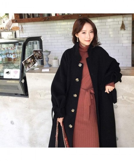 Thermal Underwear Womens Trench Jacket Winter Lapel Wool Coat With Belt Long Sleeve Overcoat - A-black - CN18T9XQE06