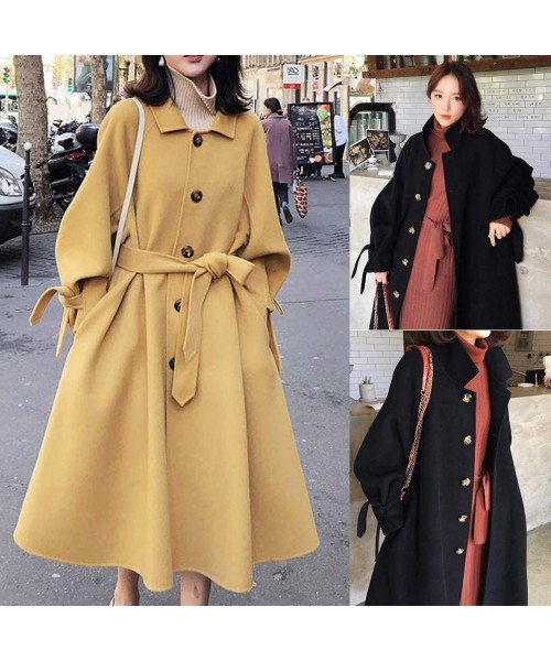 Thermal Underwear Womens Trench Jacket Winter Lapel Wool Coat With Belt Long Sleeve Overcoat - A-black - CN18T9XQE06
