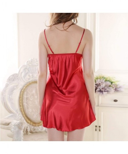 Nightgowns & Sleepshirts Women's Short Satin Nightgown Silky Camisole Lingerie Lace Soft V Neck Sleep Dress - Red - CG18U9Z59DI