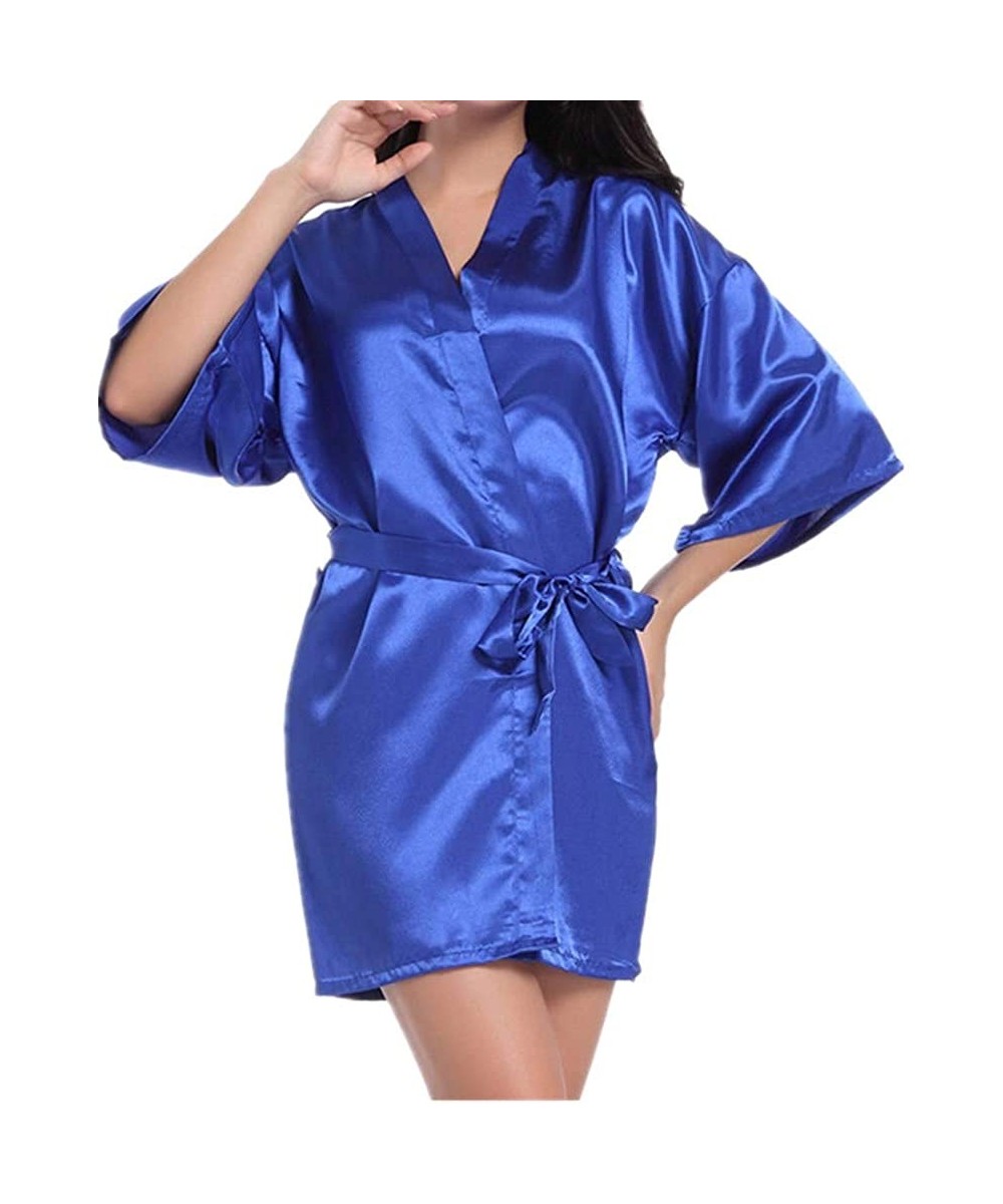 Robes Women's Pajamas Silk Kimono Dress Noble Thin Cardigan Dress Sexy Short Bathrobe - Blue 2 - CR196AU6EMQ