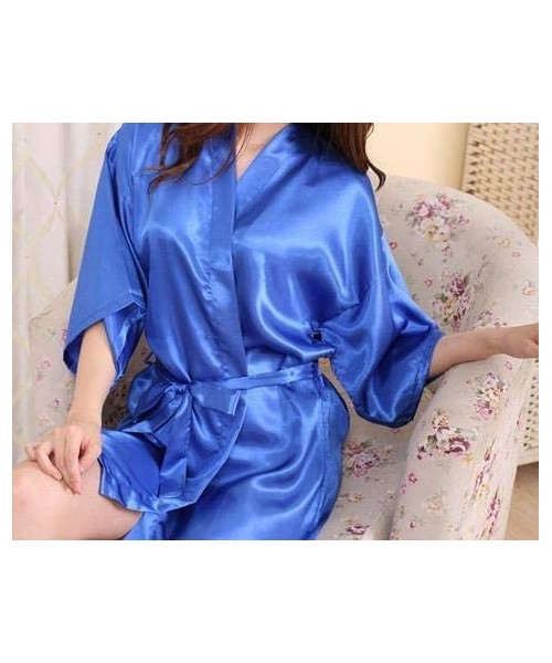 Robes Women's Pajamas Silk Kimono Dress Noble Thin Cardigan Dress Sexy Short Bathrobe - Blue 2 - CR196AU6EMQ