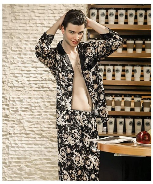 Robes Mens Pajamas/Thin Section Long Sleeve Trousers Robes Outfit Lightweight Casual Pajamas Suitable for Foot Bath-Black-XL ...