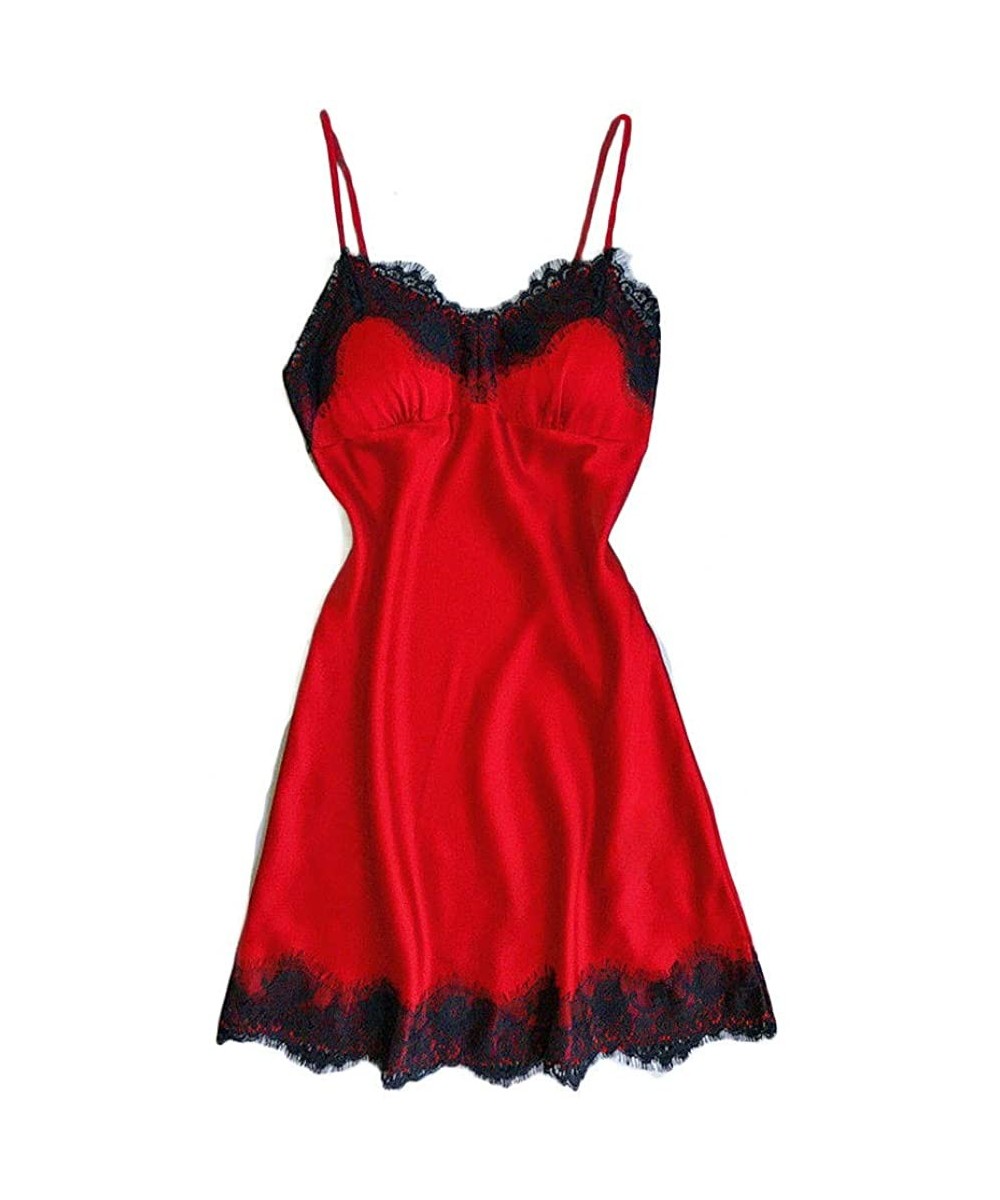 Nightgowns & Sleepshirts Women Sexy Lingerie Ladies Silk Lace Nightdress Babydoll Sleepwear Nightgown Plus Size - Red 2 - CZ1...