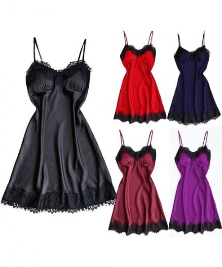 Nightgowns & Sleepshirts Women Sexy Lingerie Ladies Silk Lace Nightdress Babydoll Sleepwear Nightgown Plus Size - Red 2 - CZ1...