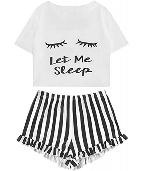 Sets Women's Eyes Print Crop Top and Shorts Loungewear Pajama Set - White - CF19E02W3NO