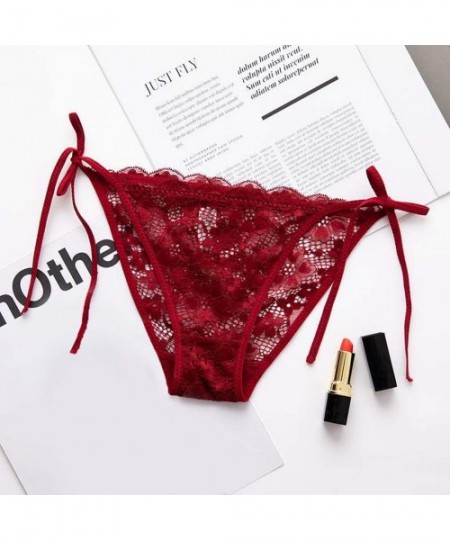 Panties Women Sexy Perspective Lace Thong Lingerie Panties Lace-Up Low Rise Underpant Underwear - Wine - CN197D9AGEO