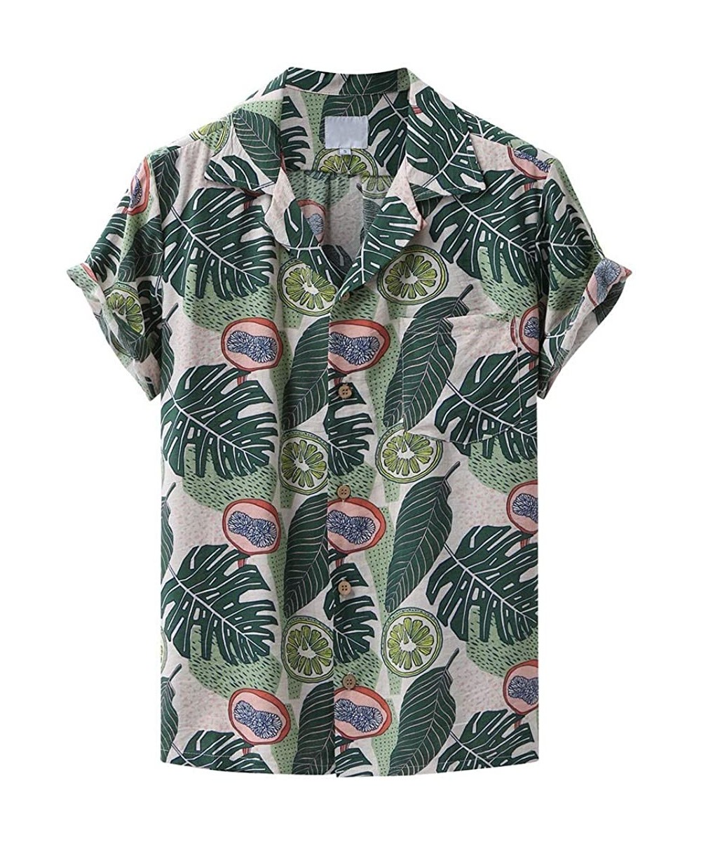 Sleep Tops Fashion Men's Leaf Printed Shirts Casual Short Sleeves Loose Fit Button Down Shirt Summer Beach Tops - Green - CV1...