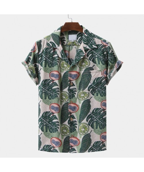 Sleep Tops Fashion Men's Leaf Printed Shirts Casual Short Sleeves Loose Fit Button Down Shirt Summer Beach Tops - Green - CV1...