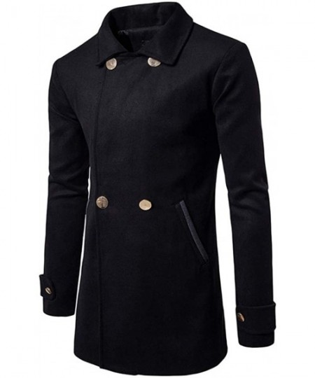Thermal Underwear Men's Trench Coat Long Wool Blend Slim Fit Jacket Overcoat Warm Windbreaker Coat - B-black - C718A96QE7H