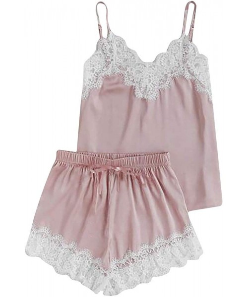 Sets Women Sleepwear Sleeveless Strap Nightwear Lace Trim Satin Cami Top Pajama Sets - Pink - CW18UQ3XUL7
