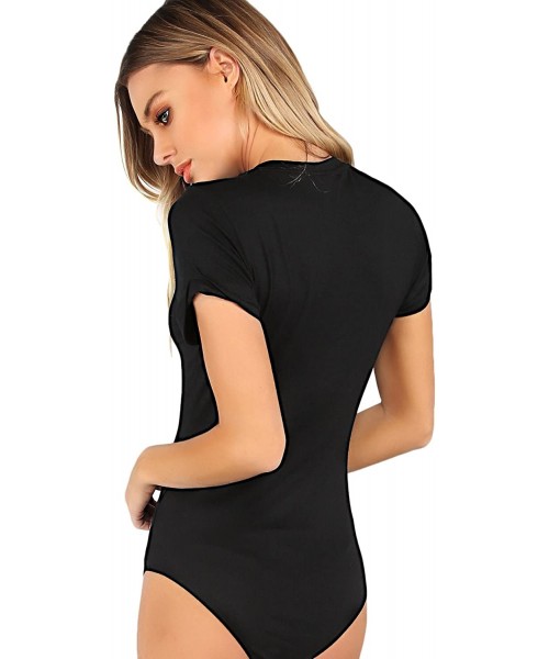 Shapewear Women's Short Sleeve Tops Basic V-Neck Leotard Bodysuit Jumpsuit - Black - C517YCZLI5N