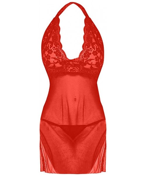 Bustiers & Corsets Women Sling Lace Lingerie Pajamas Sexy Halter Nightdress Underwear Set - Red - CD196GTOOO0