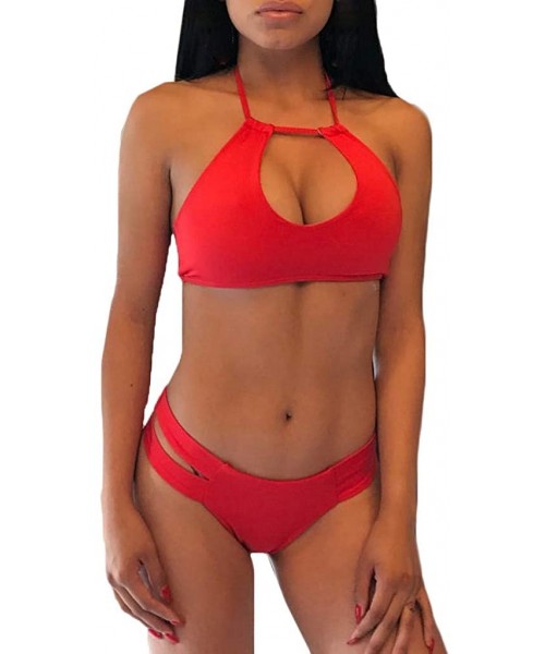 Slips Fashion Women Sexy Lingerie Underwear Plus Size Pure Color Bandage Bra Set S-3XL - Red - CJ18UW5UL9G