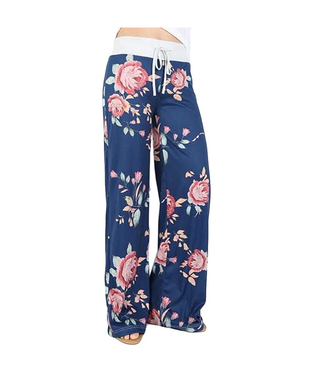 Bottoms Pants for Womens High Waist Comfy Stretch Floral Print Drawstring Wide Leg Lounge Pants Elastic Casual Pants Blue - C...