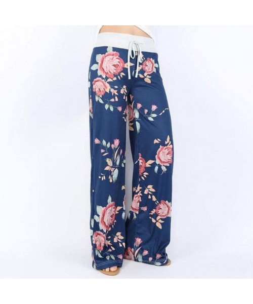 Bottoms Pants for Womens High Waist Comfy Stretch Floral Print Drawstring Wide Leg Lounge Pants Elastic Casual Pants Blue - C...