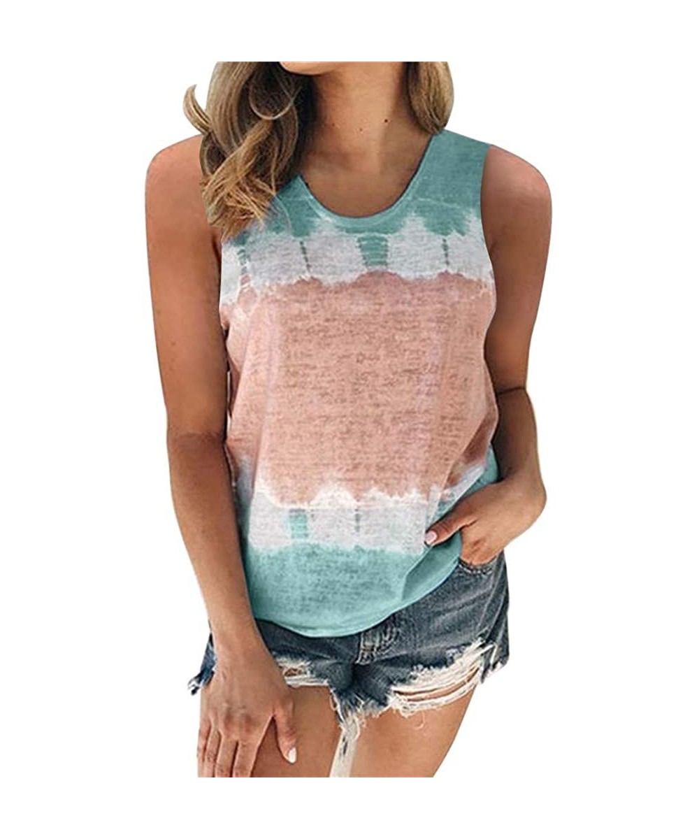 Thermal Underwear Womens Color Block Tie-Dye Sleeveless Crew Neck Casual Tanks Tops Cami Tunic Shirts Blouse S-5XL - Green - ...