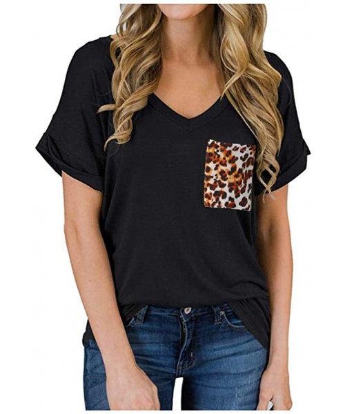 Baby Dolls & Chemises Women Classic Shirt Fashion Solid Color Splice Leopard Pocket Casual Printed Tops Blouse Tunics - Black...