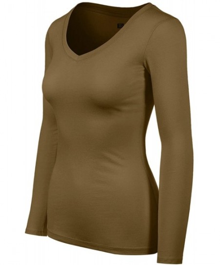 Shapewear Women's Basic Long Sleeve V Neck Tee Everyday Casual Shirts - 107-light Olive - CJ187525H59