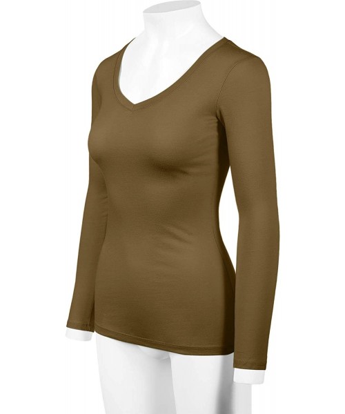 Shapewear Women's Basic Long Sleeve V Neck Tee Everyday Casual Shirts - 107-light Olive - CJ187525H59