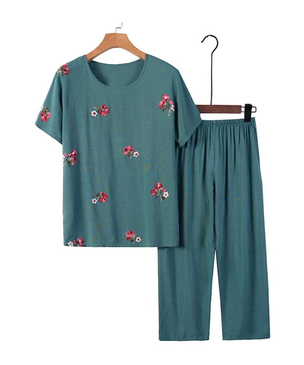 Sets Women's Summer Cotton Pajamas Set Print Short Sleeve with Capri Pants Nightgowns - Green - CT19CK607DI