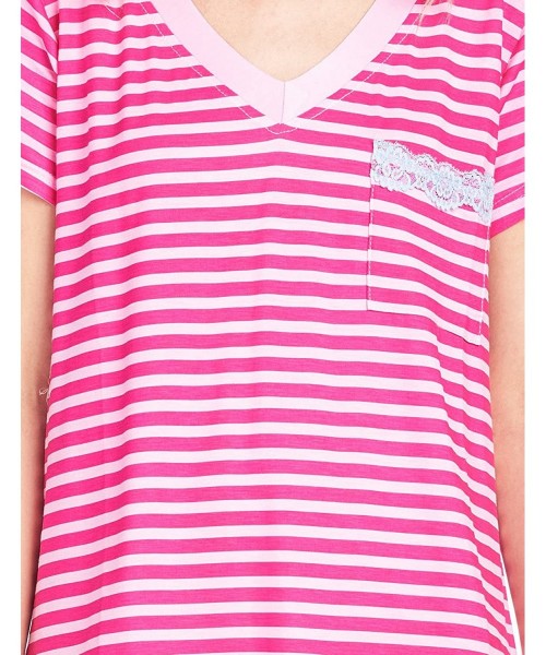 Nightgowns & Sleepshirts Women's Rayon Short Sleeve Nightgown Dorm Sleepshirt - Pink Fuchsia Stripe - CJ18EMD422I