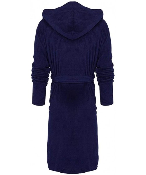 Robes Men's Winter Plush Lengthened Shawl Bathrobe Long Sleeved Home Clothes Shawl Collar Fleece Soft Spa Robe Coat - Dark Bl...