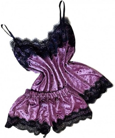 Baby Dolls & Chemises New Womens Sexy Lingerie Camisole Bow Shorts V-Neck Tops Velvet Pajamas Sleepwear - A Purple - C7195XY759O