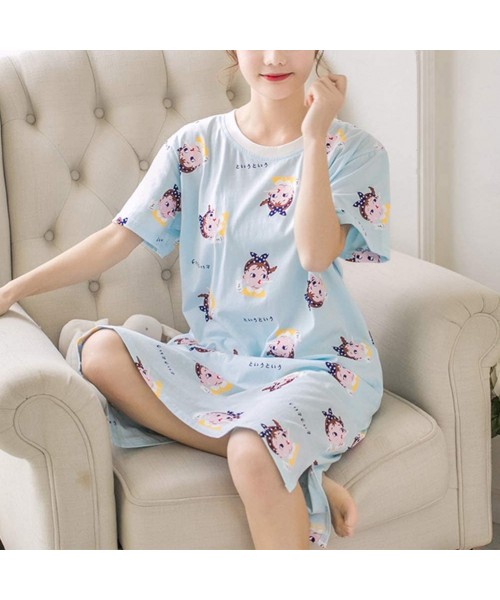 Nightgowns & Sleepshirts Womens Nightgown Short Sleeve Knitted Cotton Sleepwear Sleepdress Ladies Cute Pattern Nightshirt - B...