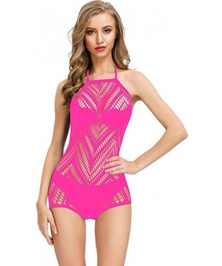 Slips Women's Sexy Hollow Out Halter Transparent Mesh Bikini Bodycon Underwear - Hot Pink - C418XTWORT0