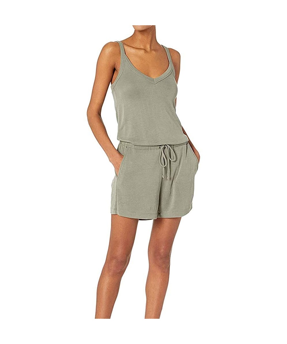Sets Womens Pajama Set Solid V-Neck Sleeveless Sleepwear Romper Pjs Set Women Jumpsuit - Green - CQ19C7DT0TG