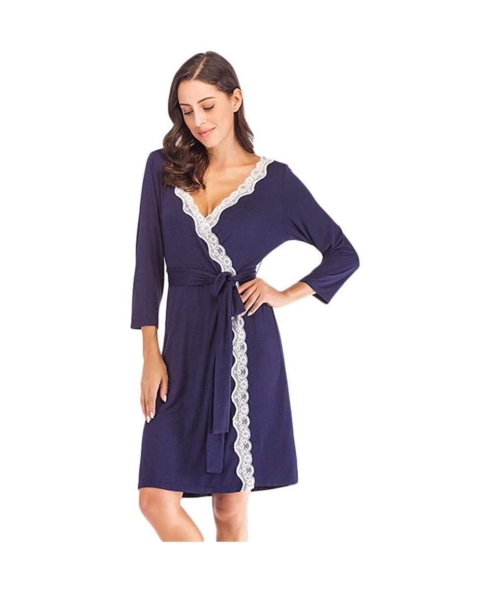 Robes Women Robe Soft Kimono Robes Cotton Bathrobe Sleepwear Short Loungewear - Navy (No Side Pockets) - CV1900Z35EA